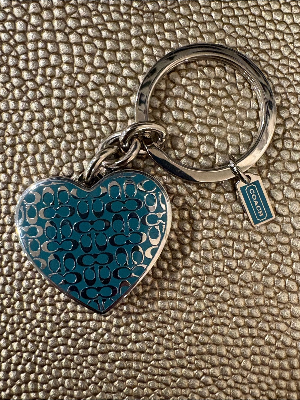 Coach Teal Enamel Heart Keyring Locket w/ Logo Tag